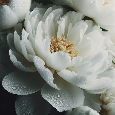 White peony with dew drops