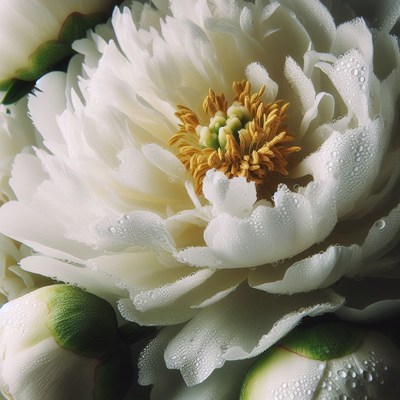 White peony with dewdrops