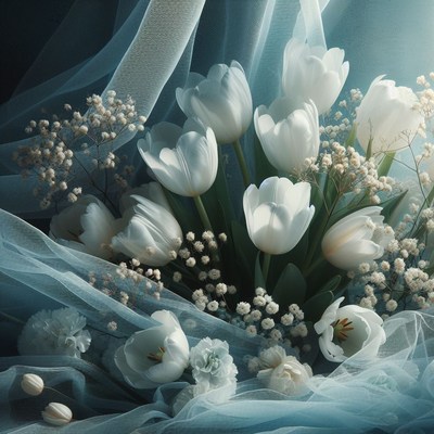 White tulips and baby's breath bouquet