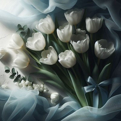White tulips on blue fabric