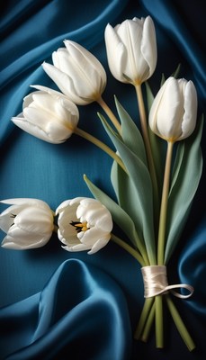 White tulips on blue satin