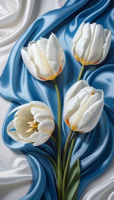 White tulips on blue and white fabric