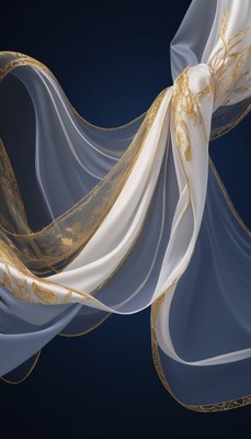 White and gold embroidered fabric draped on blue background