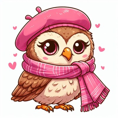 Cute pink owl wearing beret