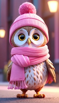 Owl in pink winter hat