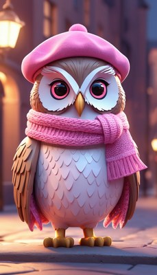 Owl in pink beret and scarf