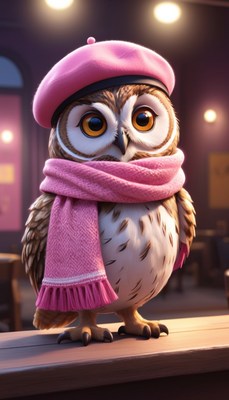 Owl in pink beret and scarf
