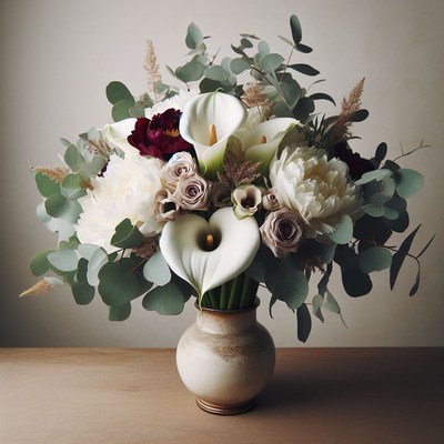 White and burgundy bouquet in vase