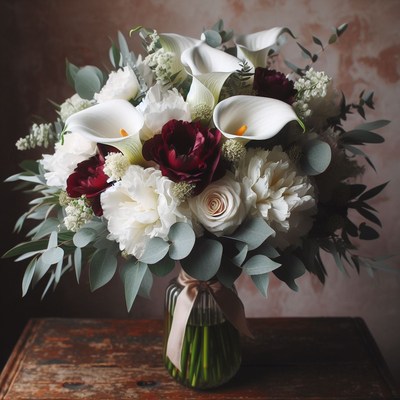 White and burgundy bridal bouquet