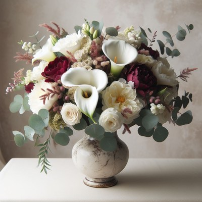 White calla lilies and roses in vase