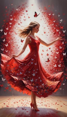Woman in red dress with butterflies