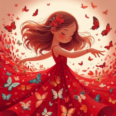 Girl in red dress with butterflies