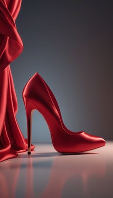 Red satin high heel on gray background