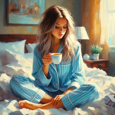 Woman in blue pajamas drinking coffee in bed