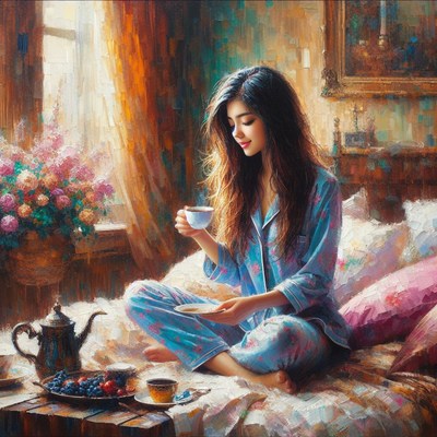 Woman enjoying morning tea in bed