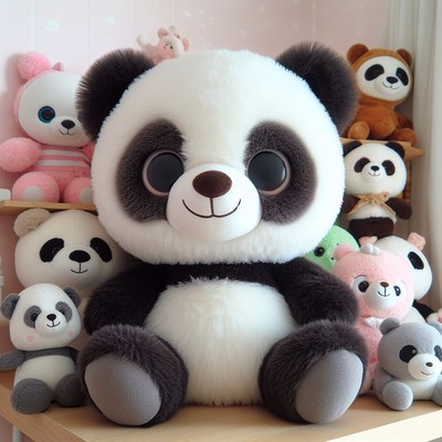 Large plush panda with other stuffed animals