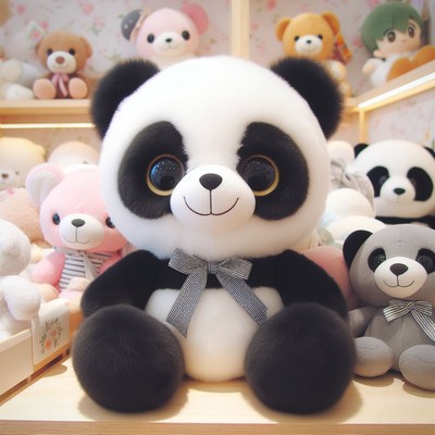 Panda plush toy sitting on shelf