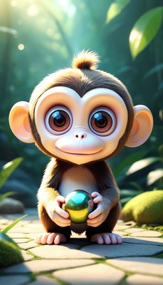 Cute monkey holding ball in forest