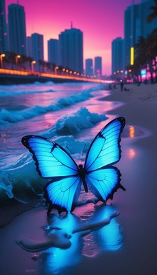 Blue butterfly on beach at sunset
