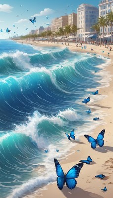 Blue butterflies on a beach
