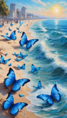 Blue butterflies on beach at sunset