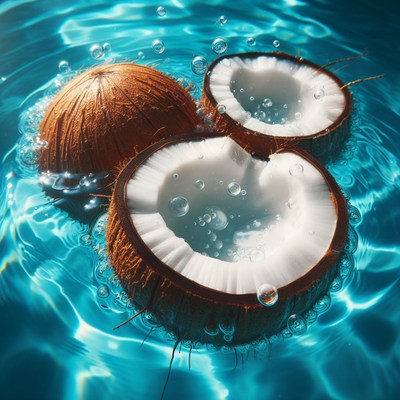 Coconuts floating in blue water