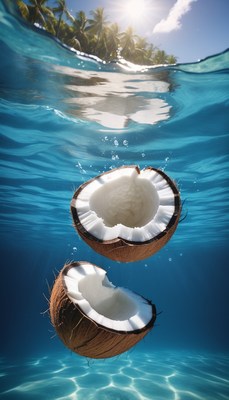 Coconut halves floating underwater