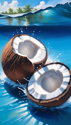 Coconuts floating in tropical ocean