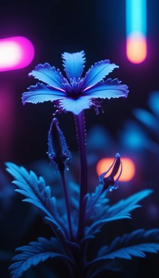 Blue flower under neon lights