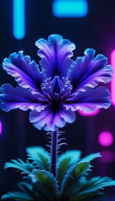 Blue flower under neon lights