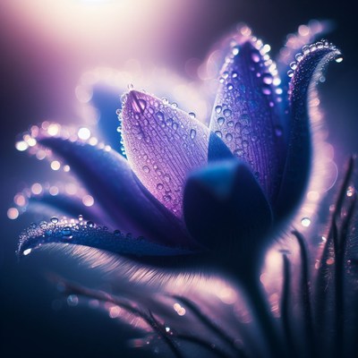 Dew-covered purple flower close-up