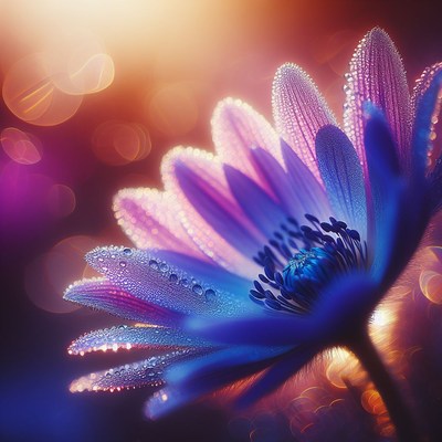 Dewy blue flower in sunlight