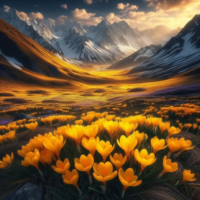 Mountain valley wildflowers at sunset
