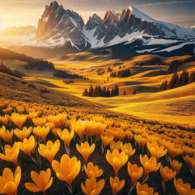 Sunset over mountain meadow