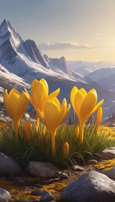 Yellow crocuses blooming in mountain valley