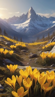 Yellow crocuses bloom near mountain peak