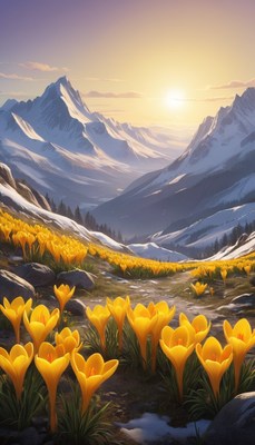 Mountain valley crocuses at sunset