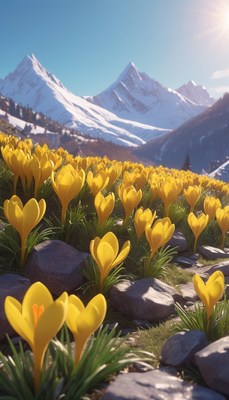 Yellow crocuses bloom near snowy mountains