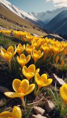 Yellow crocuses in the mountains