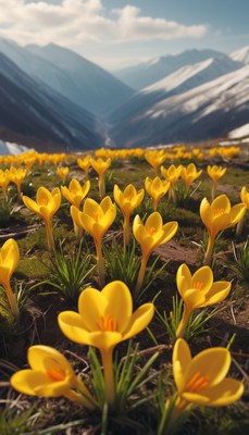 Yellow crocuses in mountain valley