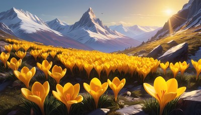 Mountain meadow sunrise with crocuses