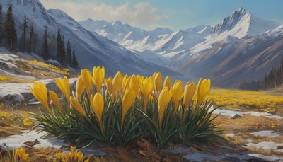 Yellow crocuses in the mountains