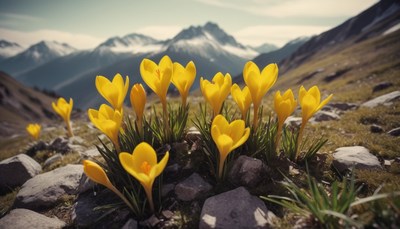 Yellow crocuses bloom in the mountains