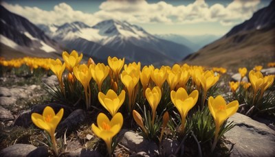 Yellow crocuses bloom in mountain valley