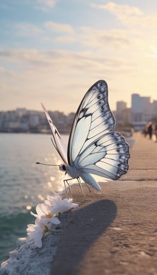 White butterfly on city wall