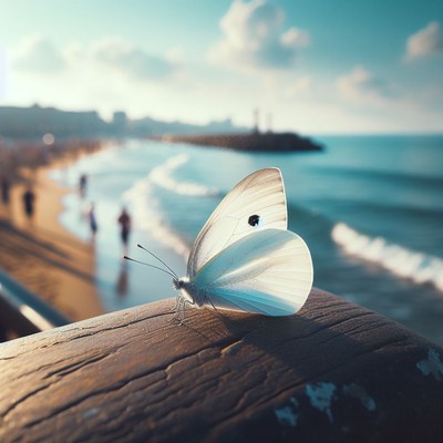 White butterfly on coastline railing