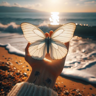 White butterfly on beach at sunset