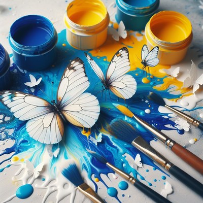 White butterflies on blue and yellow paint