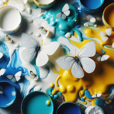 White butterflies on spilled paint