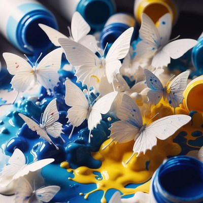 White butterflies in blue and yellow paint